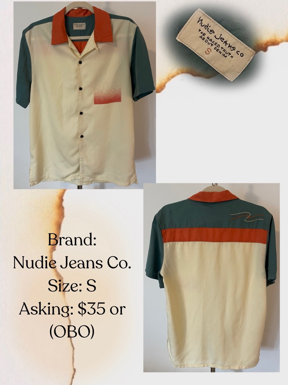 Nudie Jeans Short Sleeve Button-Down Shirt in Cream, Green & Orange